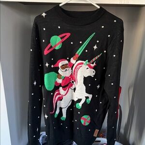 Tipsy Elves Black Sweater with Santa and Unicorn Design ugly Xmas sweater